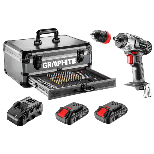 Zestaw Energy+ w walizce aluminiowej: wiertarko wkrętarka 18V 10mm, akumulator 2x2Ah, 109 akcesoriów
